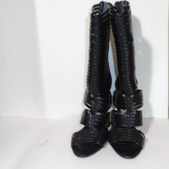 Colin Stuart Calf High Boots Stiletto Heel Pumps Skin Baring Peep Toe Black - Picture 7 of 14